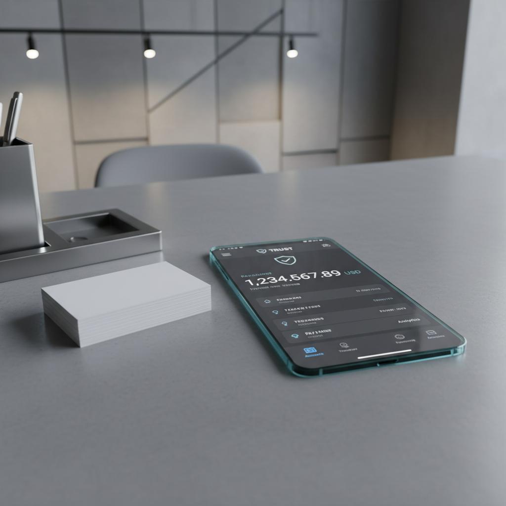A refined, modern banking app interface displayed crisply on a shiny, edge-to-edge glass smartphone, positioned diagonally on a smooth concrete desk. The interface features clean lines, understated icons, and a neutral color palette—charcoal grays, soft blues, and crisp whites—emphasizing trust and sophistication. Nearby, a stack of neat, white index cards and a stainless steel desk organizer offer subtle contextual hints of organization and analysis. The background features a softly-lit, corporate workspace with geometric wall decor. Overhead track lighting provides steady, diffused illumination, creating precise reflections and cool, subtle highlights. Shot from a slightly elevated angle with centered framing and photographic realism, the ambiance is structured, confident, and distinctly professional.